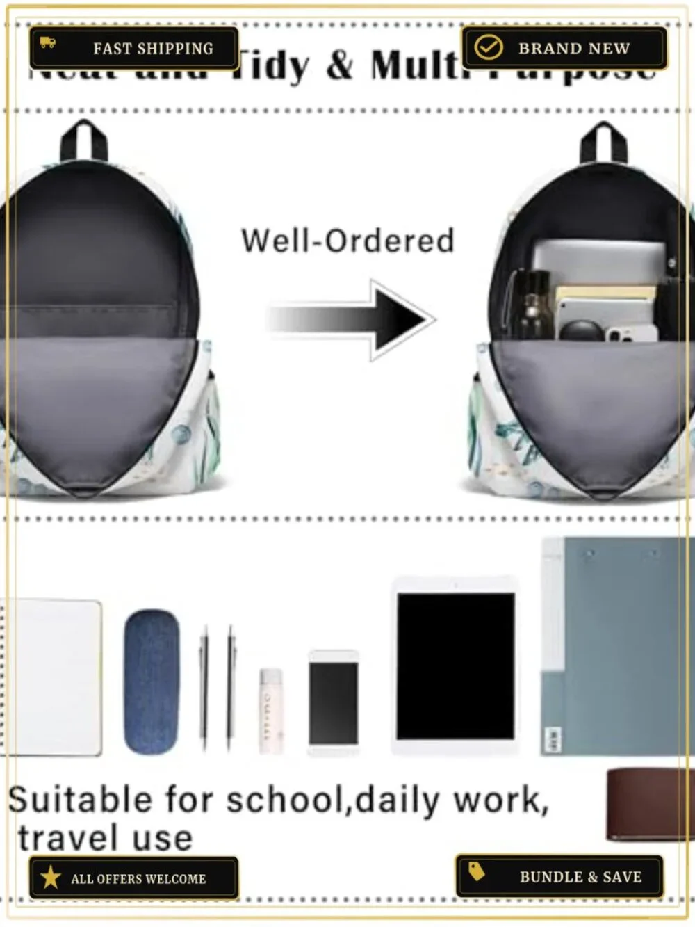 17 Inch Sea Turtle Laptop Backpack, Polyester Water Resistant Daypack for
